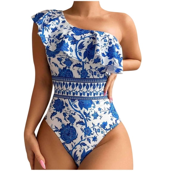 Zwiiyzr Women's One Piece Swimsuit One Shoulder Print Ruffle Swimsuit (Blue,M)