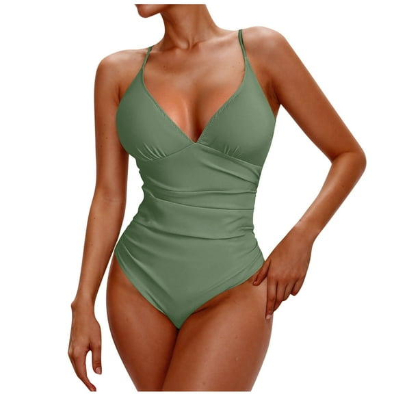 ZQUUVOU Women's One Piece Swimsuit Solid Color Bikini Swimsuit (Olive Green,2XL)