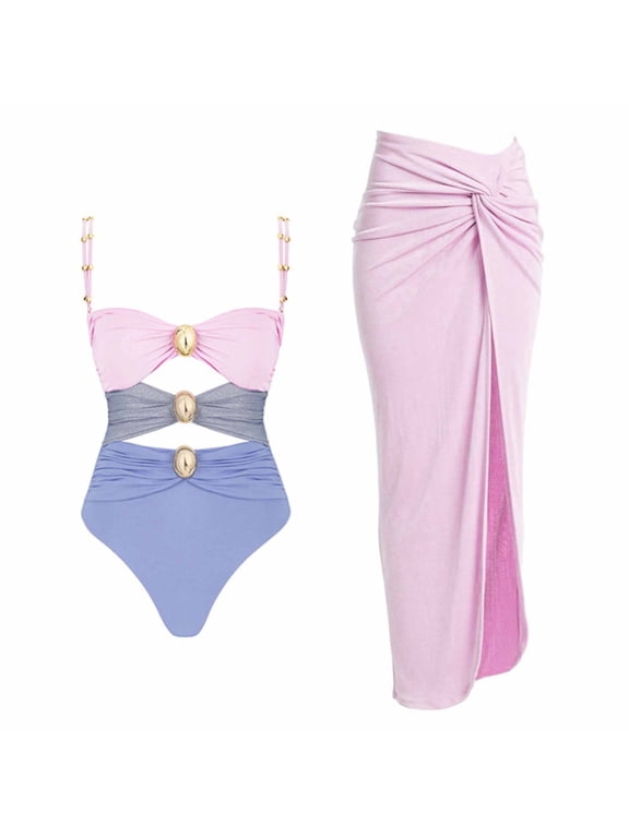 Women's One Piece Swimsuit with Cover Ups Skirt Floral Gilded Button High Cut Push Up Bikini Sets Bathing Suit Pink