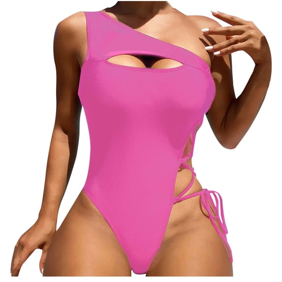 Zwiiyzr Women's One Piece Tankini One Shoulder Solid Color Swimsuit (Pink,S)