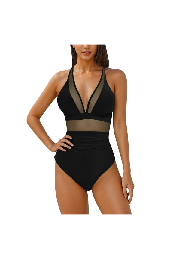 Women's One Piece Tankini Solid Color Backless Strap Mesh Top (Black,S)