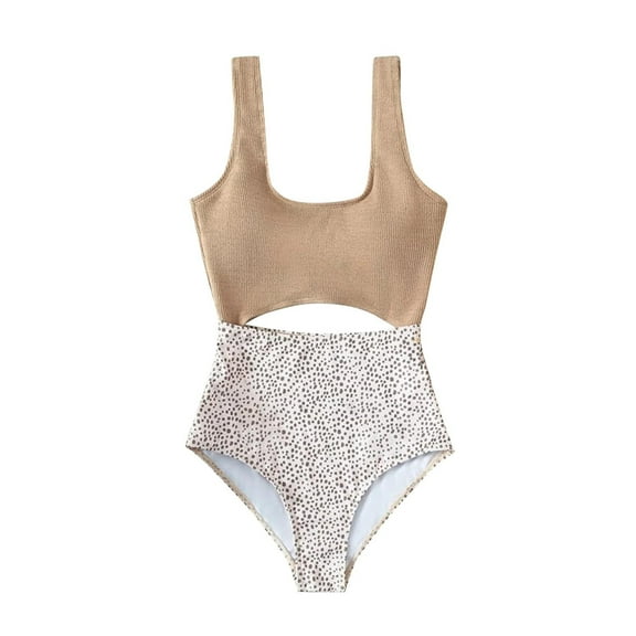 ZQUUVOU Women's One Piece Tankini Tummy Contral Solid Color Swimsuit (Beige,M)