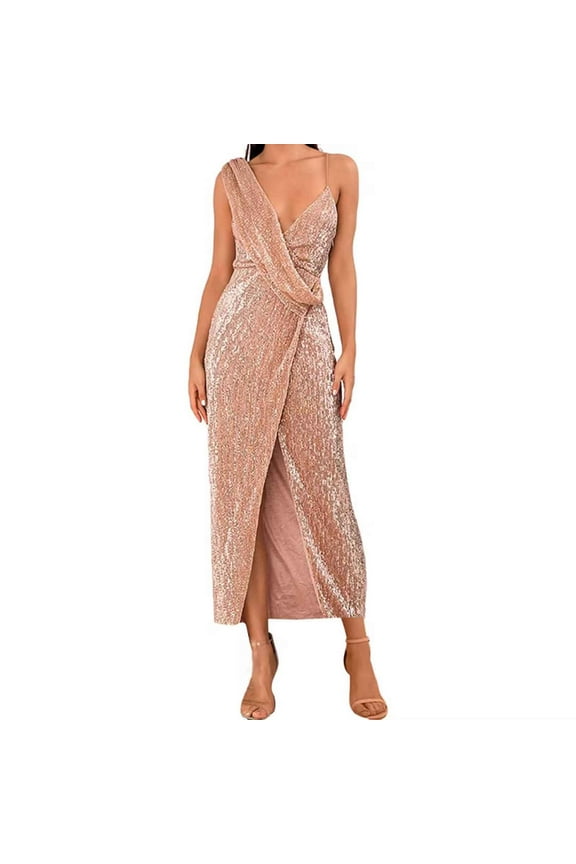 Women's One Shoulder Sequin Gown Embellished Formal Dress Banquet Elegant Cocktail Wedding Guest Dress Gold