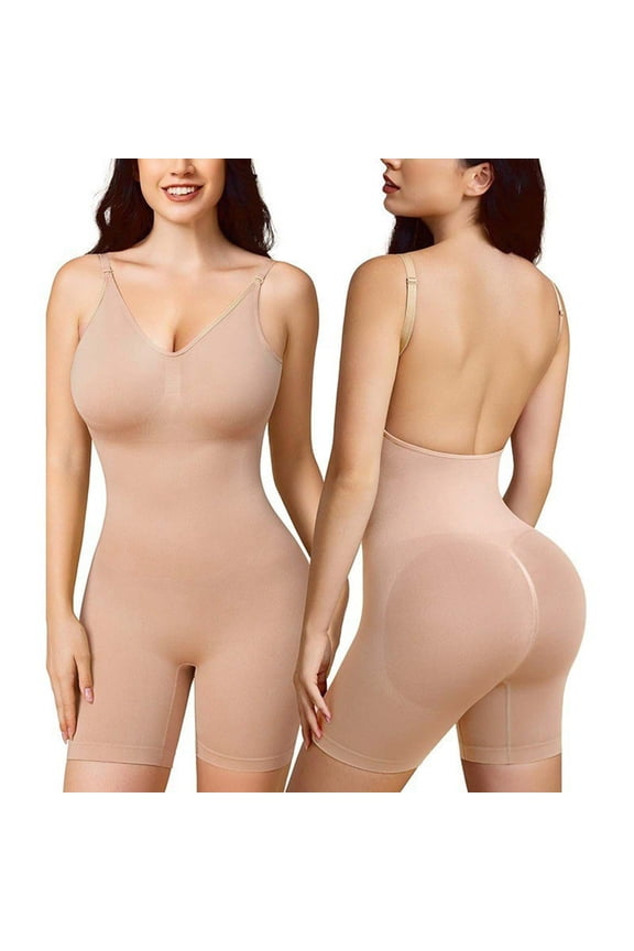 Women's Open Back Bodysuit Tummy Control Corset Butt Lifting Seamless Sleeveless V-Neck Bodysuit Shapewear Khaki