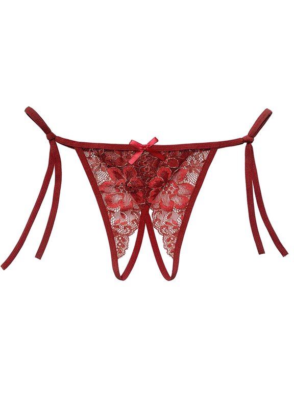 Women's Open Crotch G String Thong Lace Low Rise Side Adjustable Tie Thong Breathable Underwear Everyday Wear Hot Pink