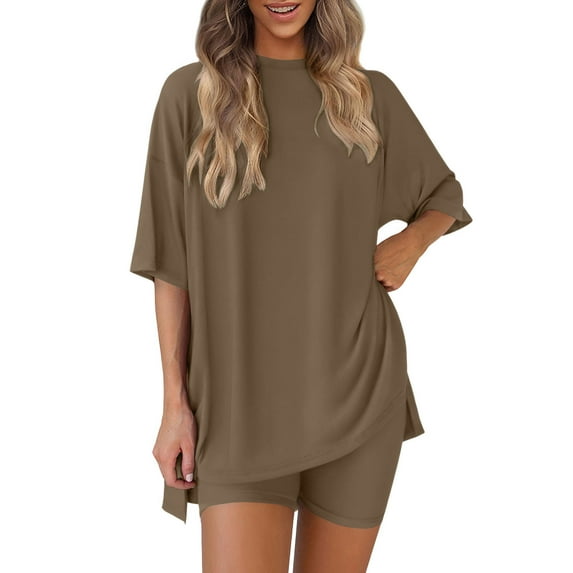 ZQUUVOU Women's Outfits Summer Solid Color Round Neck Shirts Sleeved and Shorts Two-Piece Set(Coffee,2XL)