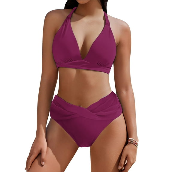 ZQUUVOU Women's Oversized Bikini Set Stripe Color Halter Swimsuits (Burgundy,S)