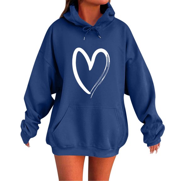 ZQUUVOU Women's Oversized Hoodies Heart Pattern Pullover Pocketed Casual Ladies Printed Long Sleeve Tops Blouse Hooded Sweatshirts Blue