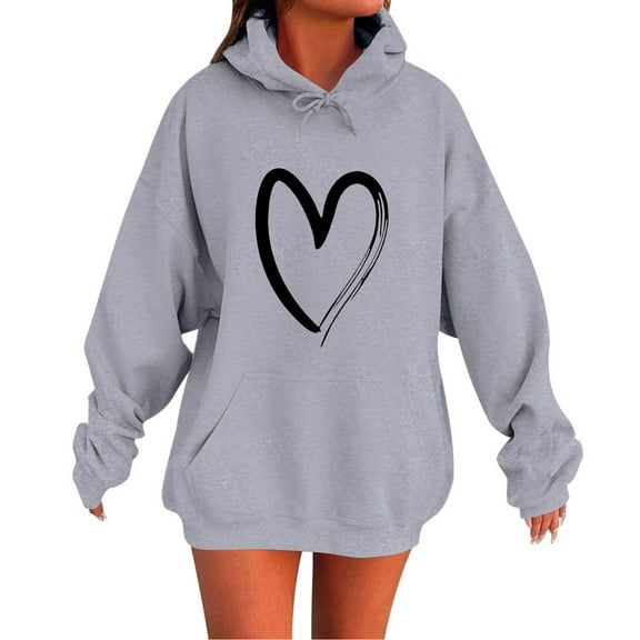 ZQUUVOU Women's Oversized Hoodies Heart Pattern Pullover Pocketed Casual Ladies Printed Long Sleeve Tops Blouse Hooded Sweatshirts Gray