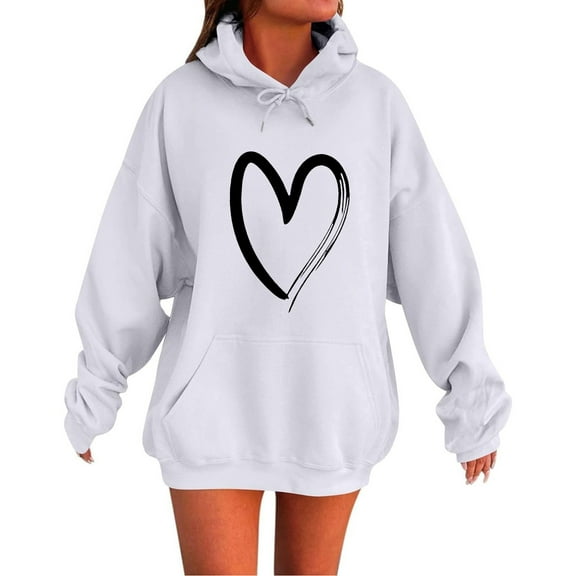 ZQUUVOU Women's Oversized Hoodies Heart Pattern Pullover Pocketed Casual Ladies Printed Long Sleeve Tops Blouse Hooded Sweatshirts White