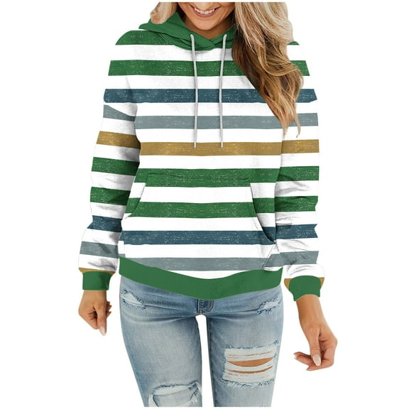 ZQUUVOU Women's Oversized Hoodies Stripe Printed Drawstring Hoodie with Pocket Long Sleeved Lightweight Fall Tops Olive Green