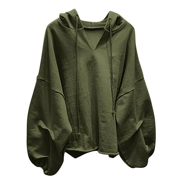 ZQUUVOU Women's Oversized Hoodies V Neck Breathable Pullover Fall Fashion Casual Lantern Sleeve Sweatshirts with Hood Solid Tops Olive Green