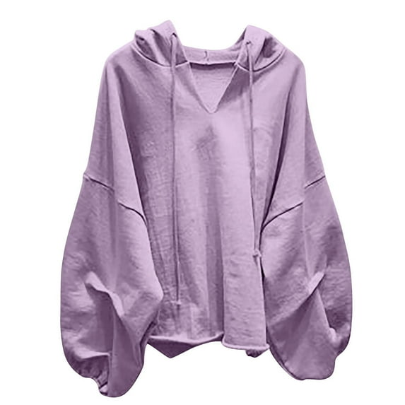 ZQUUVOU Women's Oversized Hoodies V Neck Breathable Pullover Fall Fashion Casual Lantern Sleeve Sweatshirts with Hood Solid Tops Purple