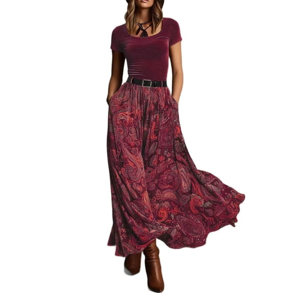 ZQUUVOU Women's Paisley Print Maxi Dresses Square Neck Short Sleeve High Waist Flowy Boho Velvet Elegant Swing Dress Burgundy
