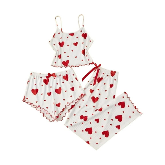 ZQUUVOU Women's Pajamas 3 Piece Sets Knit Ribbed Heart Print Camisole Shorts and Long Pants Soft Sleepwear Red