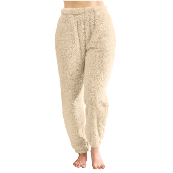 ZQUUVOU Women's Pajamas Pants Winter Fleece Thermal Pocket Pants Stretch Elastic Waist Plush Home Wear Lounge Trousers Beige