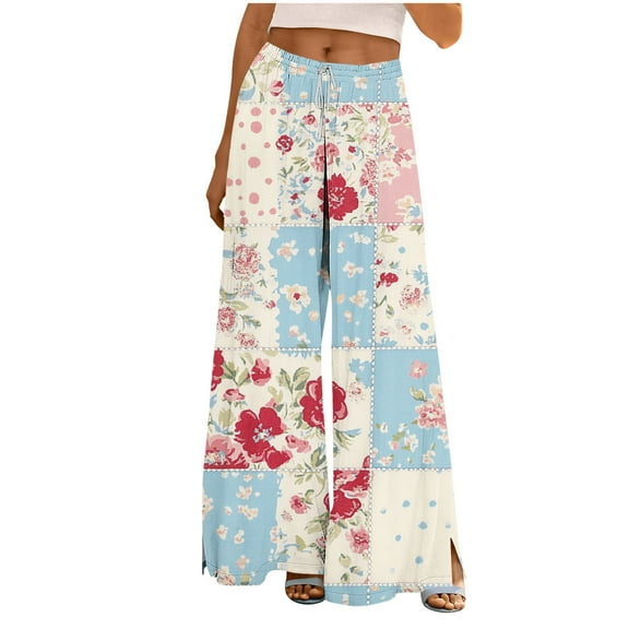 ZQUUVOU Women's Palazzo Pants High Waisted Loose Flowy Beach Lounge Pants with Pockets(B-Pink,L)