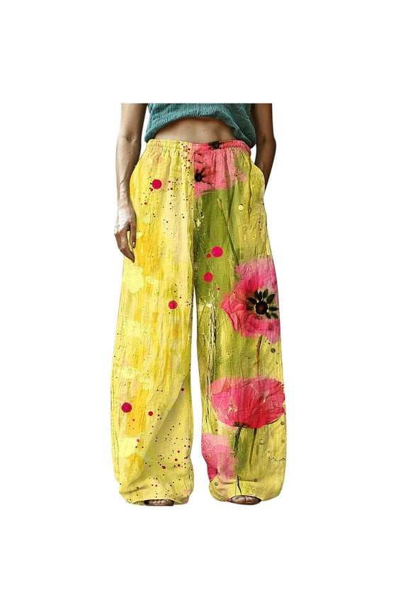 Women's Pants Boho Printed Elastic Waist Trouser with Pocket(Multicolor,XL)
