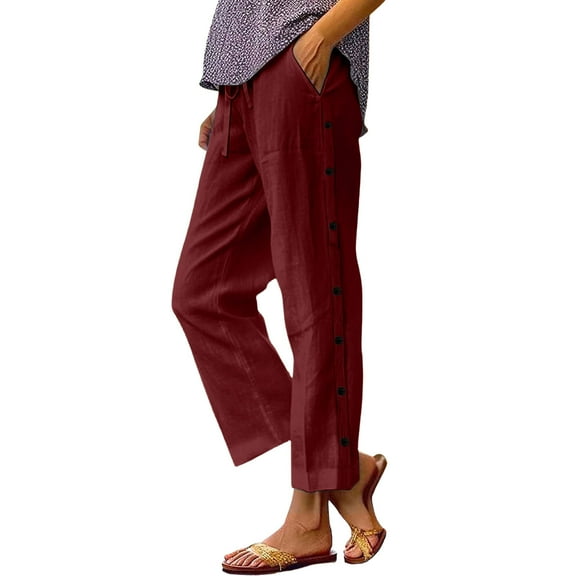 ZQUUVOU Women's Pants Solid Color Elastic Waist Casual Wide Leg Pants(Burgundy,M)