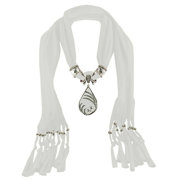 ZQUUVOU Women's Pendant Scarf Vintage Necklace Jewelry Shawl Ethnic Style Bohemia Chiffon Tassel Scarves Infinity Scarfs White