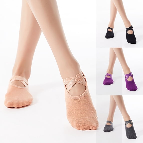 ZQUUVOU Women's Pilates Socks Crisscross Straps Yoga Non Slip Cotton Socks Grip Dance Anti Skid Barre Invisible Liner Socks Gray