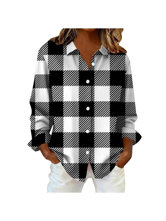 Women's Plaid Flannel Shirts Long Sleeve Button Down Collar Oversized Casual Loose Tops for Layering Black