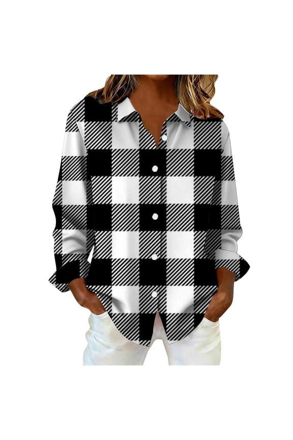 Women's Plaid Flannel Shirts Long Sleeve Button Down Collar Oversized Casual Loose Tops for Layering Black