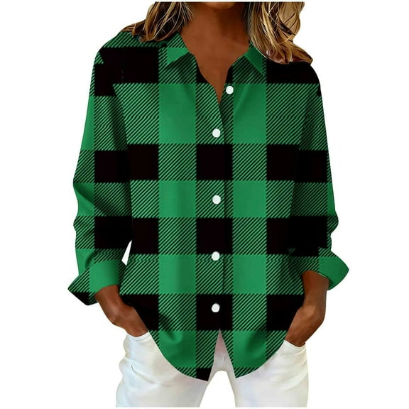 ZQUUVOU Women's Plaid Flannel Shirts Long Sleeve Button Down Collar Oversized Casual Loose Tops for Layering Olive Green