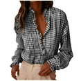 thumbnail image 1 of ZQUUVOU Women's Plaid Shirts Turn Up Ruffle Collar Long Sleeve Button Front Tops Plunging Neck Fall Trendy Shirt Black, 1 of 5