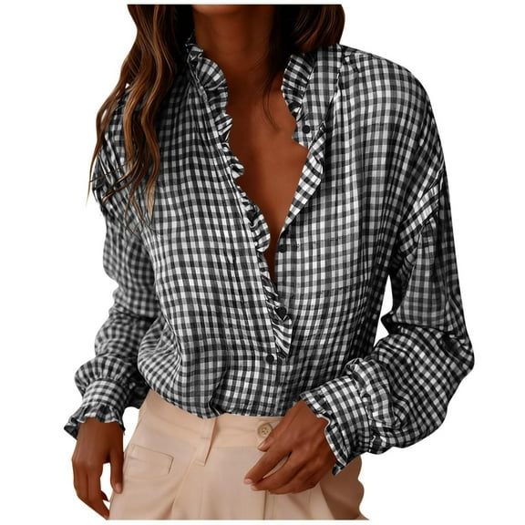 ZQUUVOU Women's Plaid Shirts Turn Up Ruffle Collar Long Sleeve Button Front Tops Plunging Neck Fall Trendy Shirt Black