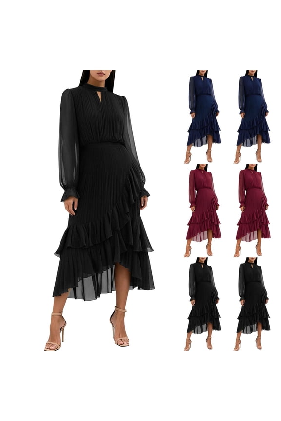 Women's Pleated Ruffle Gown Long Sleeve Round Neck Asymmetrical Hem Elegant Party Dress for Cocktail Wedding Navy
