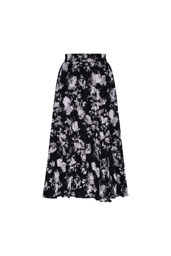 Women's Pleated Skirts Vintage Elastic Waist Linen Blend Printed Midi Skirt Bohemian Flowy Casual Skirt Black