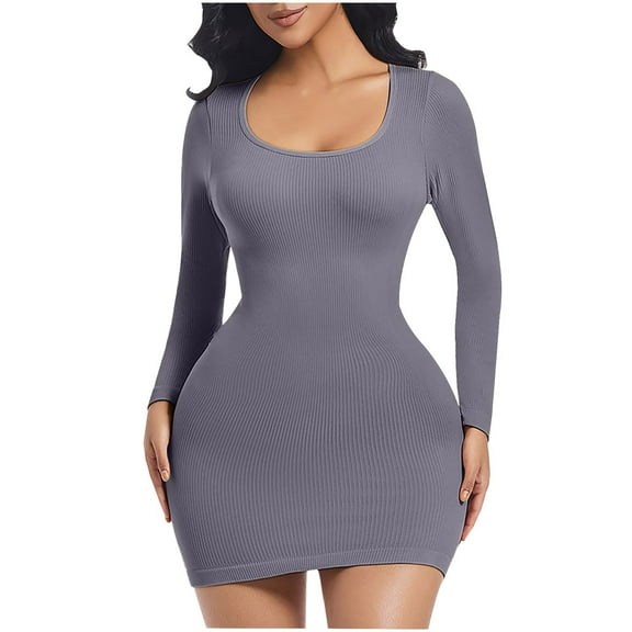 ZQUUVOU Women's Plus Size Bodycon Jumpsuit Solid Long Sleeve Tummy Control Built In Shapewear Casual Crewneck Romper Dress Gray