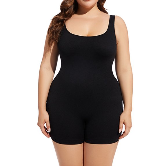 ZQUUVOU Women's Plus Size Bodysuit Crewneck Sleeveless Open Crotch Tummy Control Butt Lifting Waist Trainer Shapewear Black