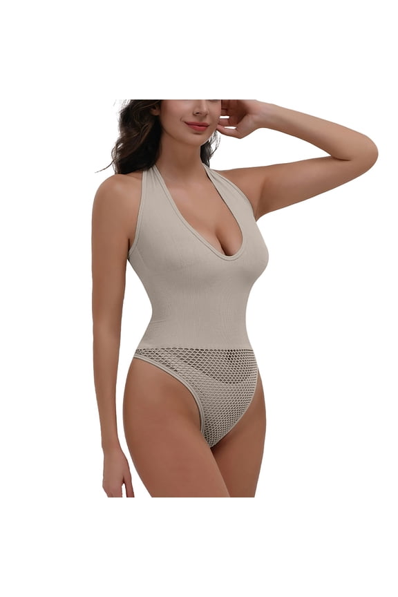 Women's Plus Size Bodysuit Halter Neck Workout High Elasticity Waist Training Tummy Control For Curvy Figure Gray