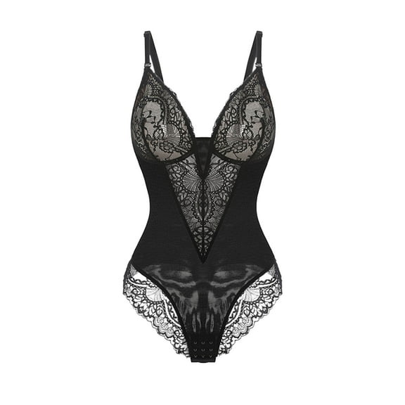 ZQUUVOU Women's Plus Size Bodysuit Stretchy Lace V Neck Sleeveless Bodysuit Full Body Shaper Comfortable Teddy Babydoll Black