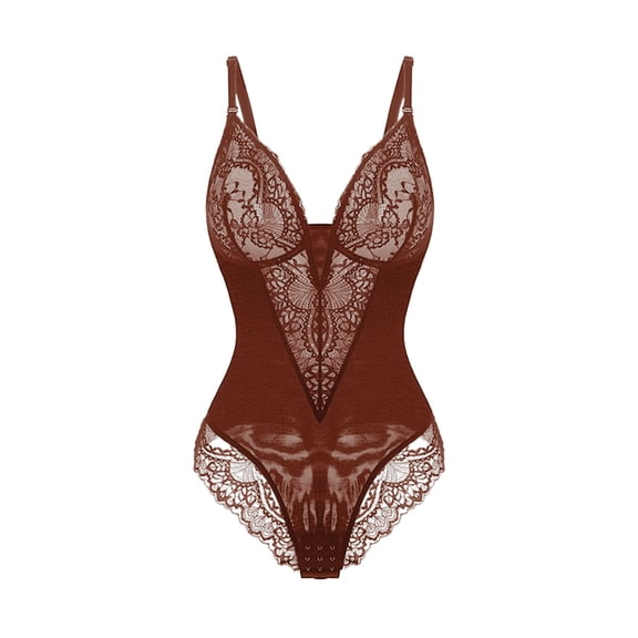 ZQUUVOU Women's Plus Size Bodysuit Stretchy Lace V Neck Sleeveless Bodysuit Full Body Shaper Comfortable Teddy Babydoll Coffee