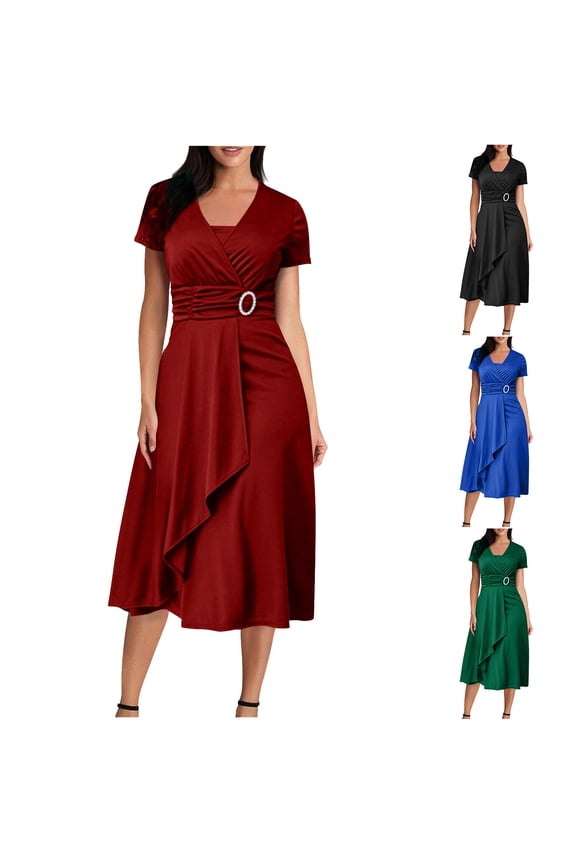 Women's Plus Size Cocktail Dress Evening Gown High Waist Short Sleeve V Neck Formal Party Dresses Blue