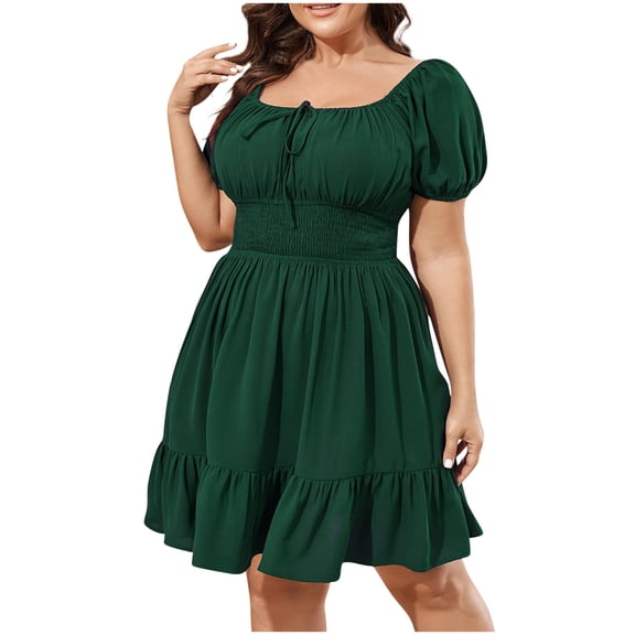 ZQUUVOU Women's Plus Size Dress Ruffle Sleeve Elastic Waist Square Neck Midi Dress Green,XL