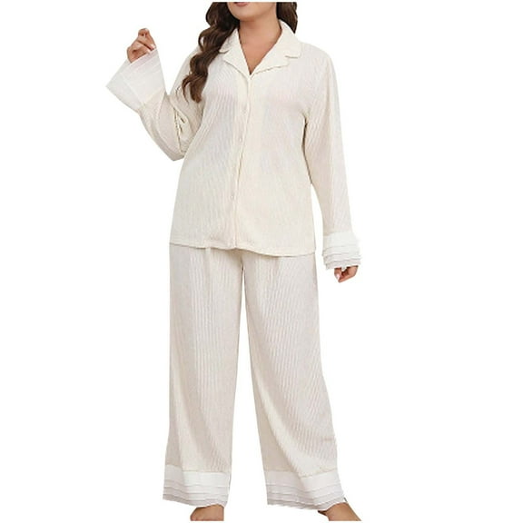 ZQUUVOU Women's Plus Size Pajamas Solid Color V Neck Ruffle Sleeve Tops Pants Comfortable Loose Sleepwear Beige