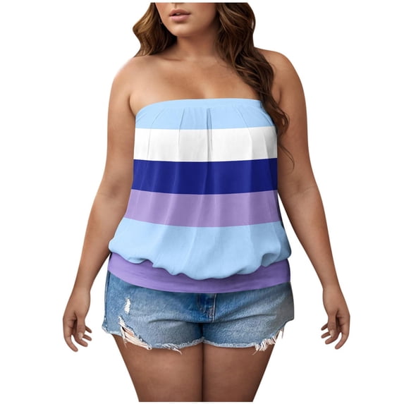 ZQUUVOU Women's Plus Size Striped Bandeau Tank Top Loose Stretch Cotton Ribbed Tube Top Round Neck Casual Blouse Blue