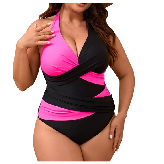 ZQUUVOU Women's Plus Size Swimsuit Color Block Halter Neck One Piece Bathing Suit Removable Pad Tummy Control Swimwear Pink