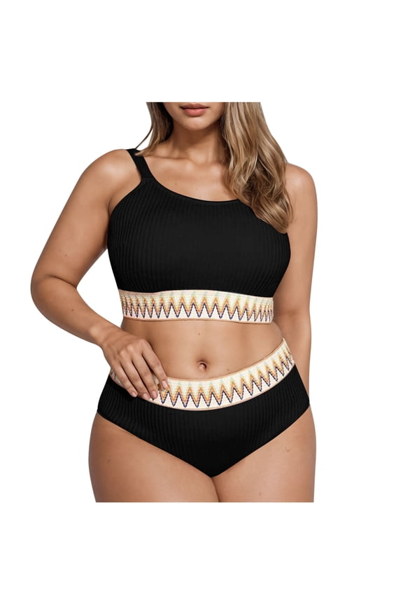 Women's Plus Size Swimsuit Solid Color High Waist Two Piece Modest Full Coverage Bikini Curvyn Swimwear Black