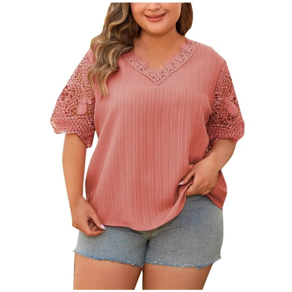 ZQUUVOU Women's Plus Size T-Shir Summer Solid Color Round-Neck Lace Short Sleeve Blouses Pink (4XL)