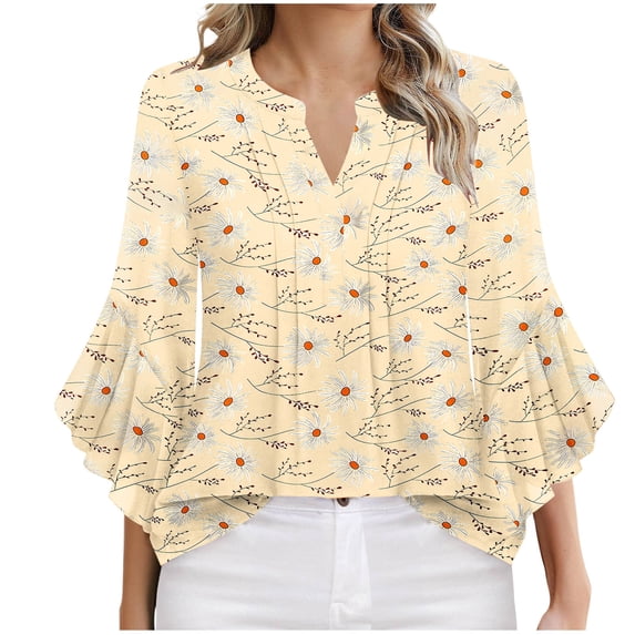 ZQUUVOU Women's Plus Size T-Shirt Front Pleated 3/4 Ruffle Sleeves V Neck Tops B-Beige (L)