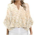 thumbnail image 1 of ZQUUVOU Women's Plus Size T-Shirt Front Pleated 3/4 Ruffle Sleeves V Neck Tops C-Beige (XL), 1 of 6