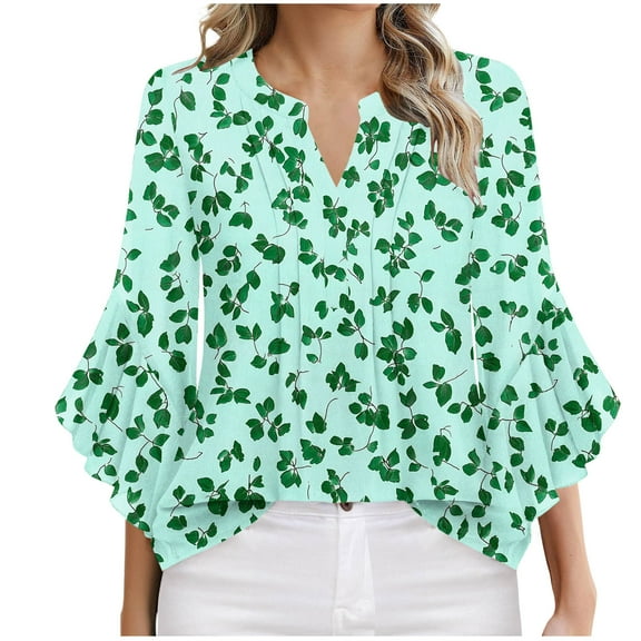 ZQUUVOU Women's Plus Size T-Shirt Front Pleated 3/4 Ruffle Sleeves V Neck Tops Green (S)