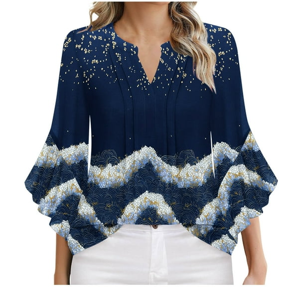 ZQUUVOU Women's Plus Size T-Shirt Front Pleated 3/4 Ruffle Sleeves V Neck Tops Navy (2XL)
