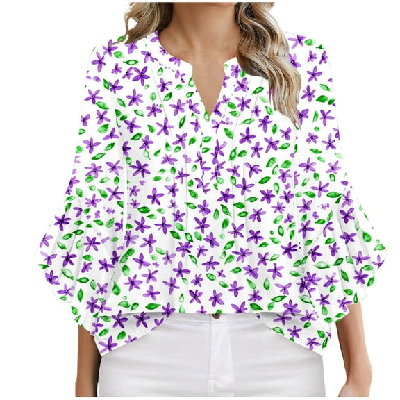 ZQUUVOU Women's Plus Size T-Shirt Front Pleated 3/4 Ruffle Sleeves V Neck Tops Purple (2XL)