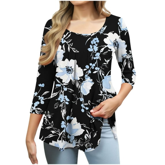 ZQUUVOU Women's Plus Size T-Shirt Print Floral Round Neck 3/4 Sleeve Blouse G-Black (S)